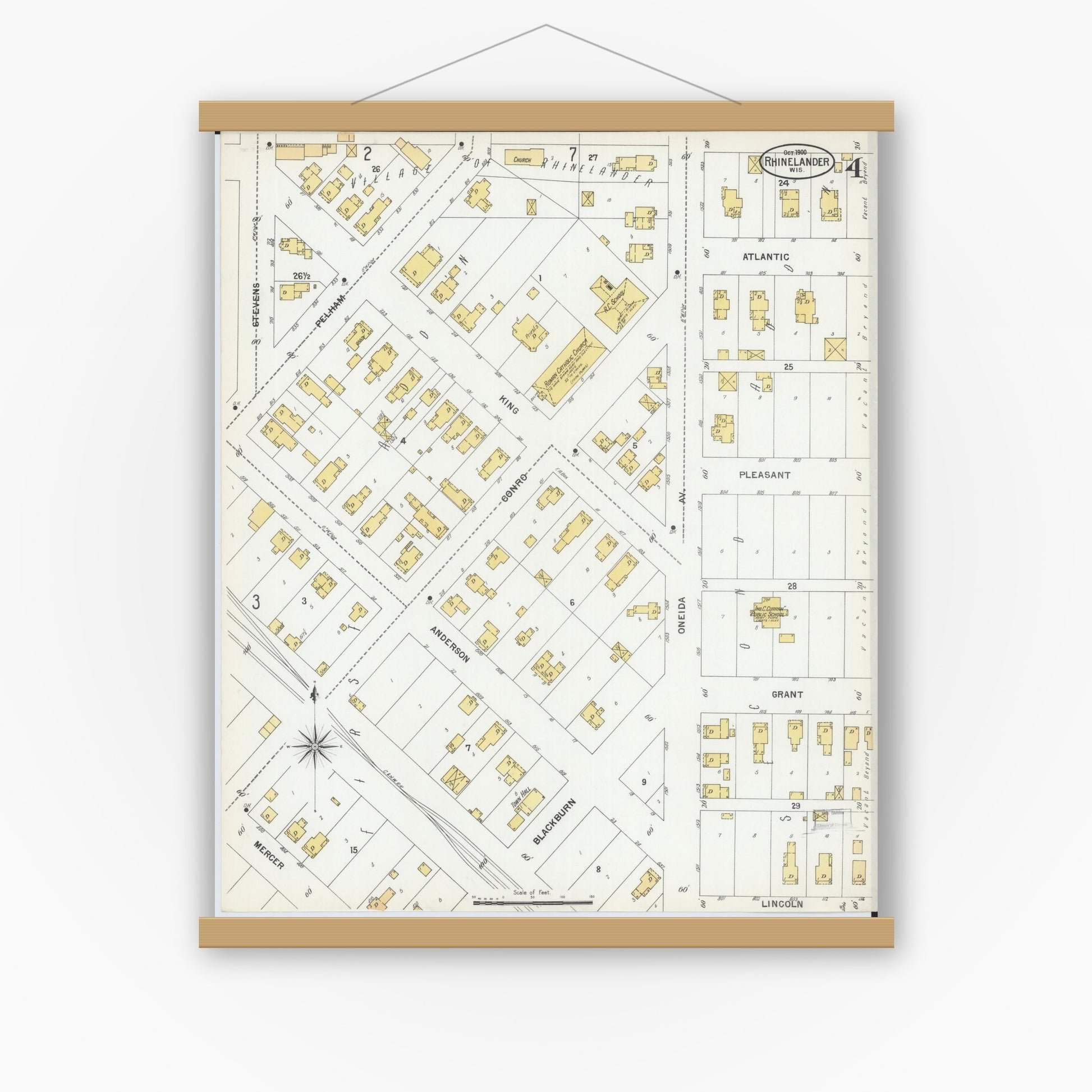Old map wall art mockup — magnetic wood frame on white wall — Sanborn Fire Insurance Map from Rhinelander, Oneida County, Wisconsin (1900), Sheet #0004