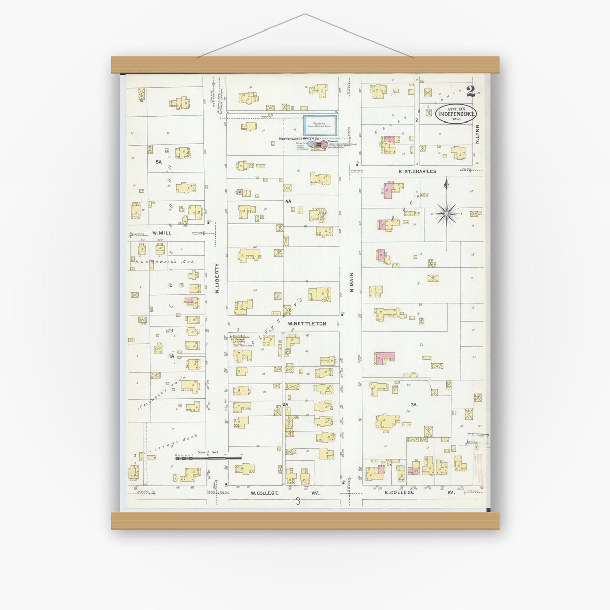 Old map wall art mockup — magnetic wood frame on white wall — Sanborn Fire Insurance Map from Independence, Jackson County, Missouri (1907), Sheet #0002