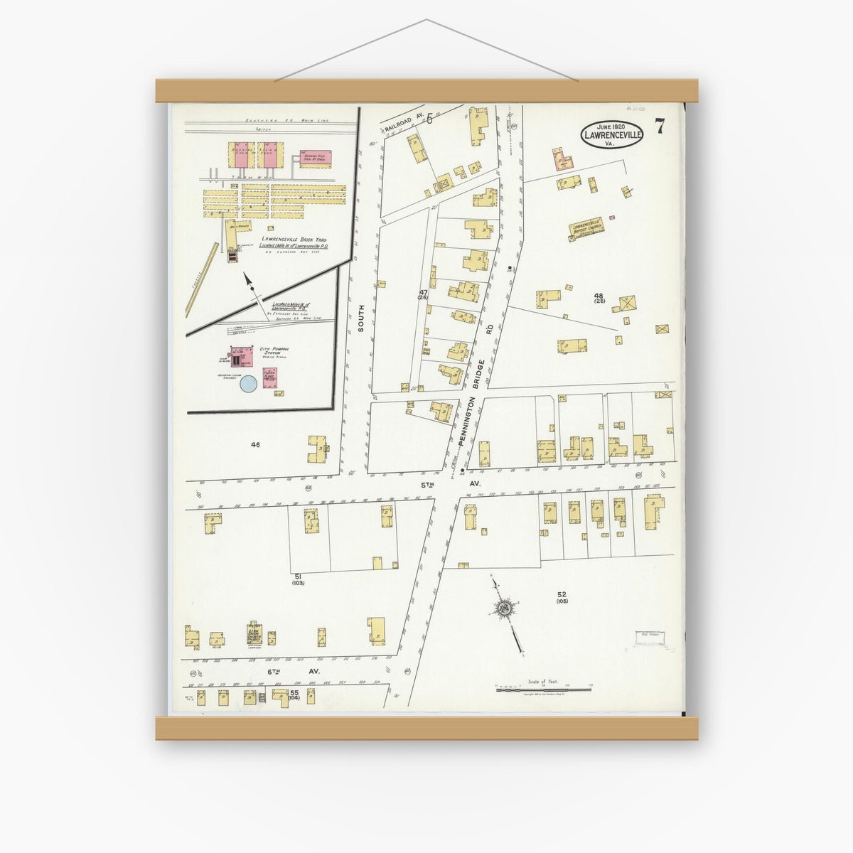 Old map wall art mockup — magnetic wood frame on white wall — Sanborn Fire Insurance Map from Lawrenceville, Brunswick County, Virginia (1920), Sheet #0007