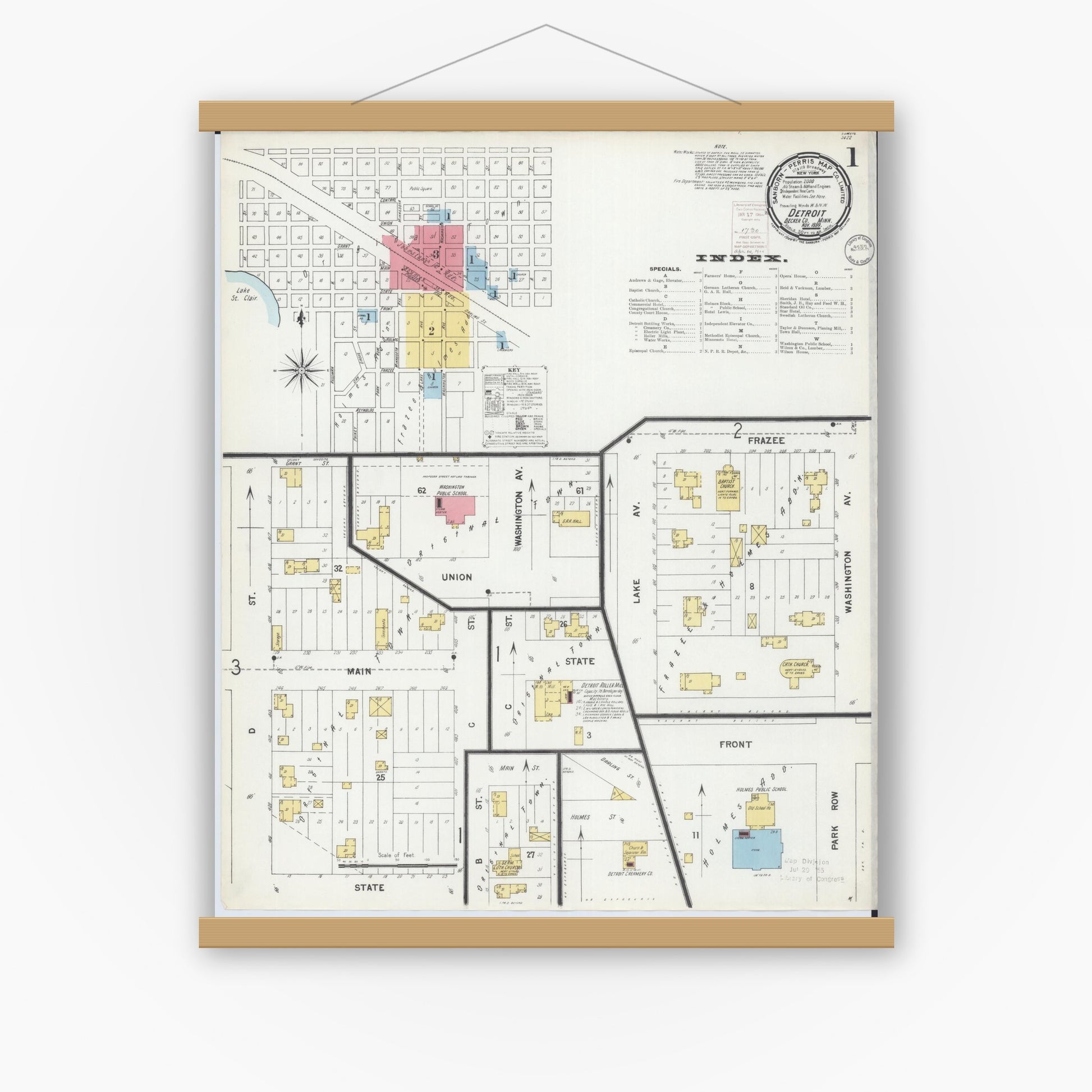 Old map wall art mockup — magnetic wood frame on white wall — Sanborn Fire Insurance Map from Detroit Lakes, Becker County, Minnesota (1899) - Complete Map Set