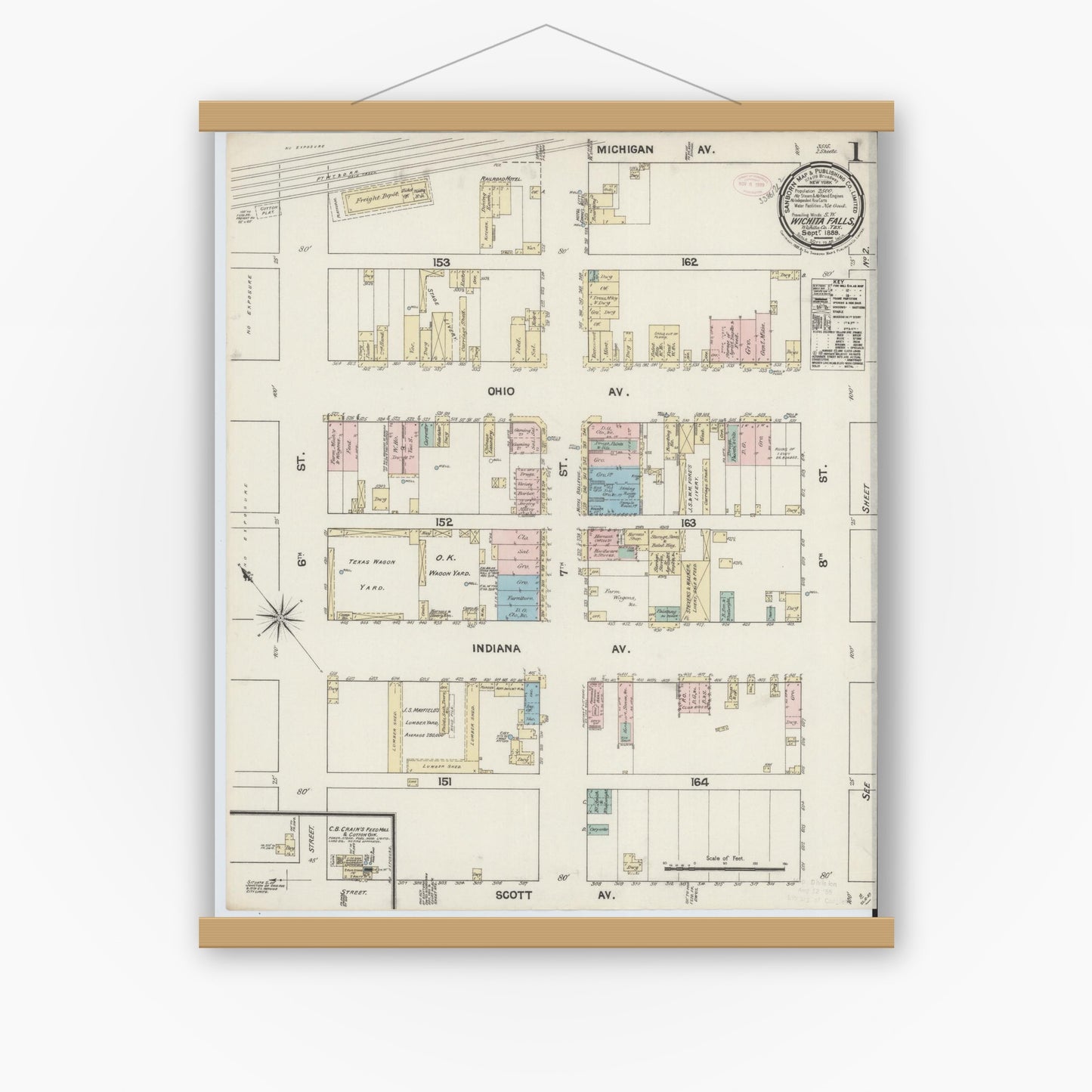 Old map wall art mockup — magnetic wood frame on white wall — Sanborn Fire Insurance Map from Wichita Falls, Wichita County, Texas (1889) - Complete Map Set