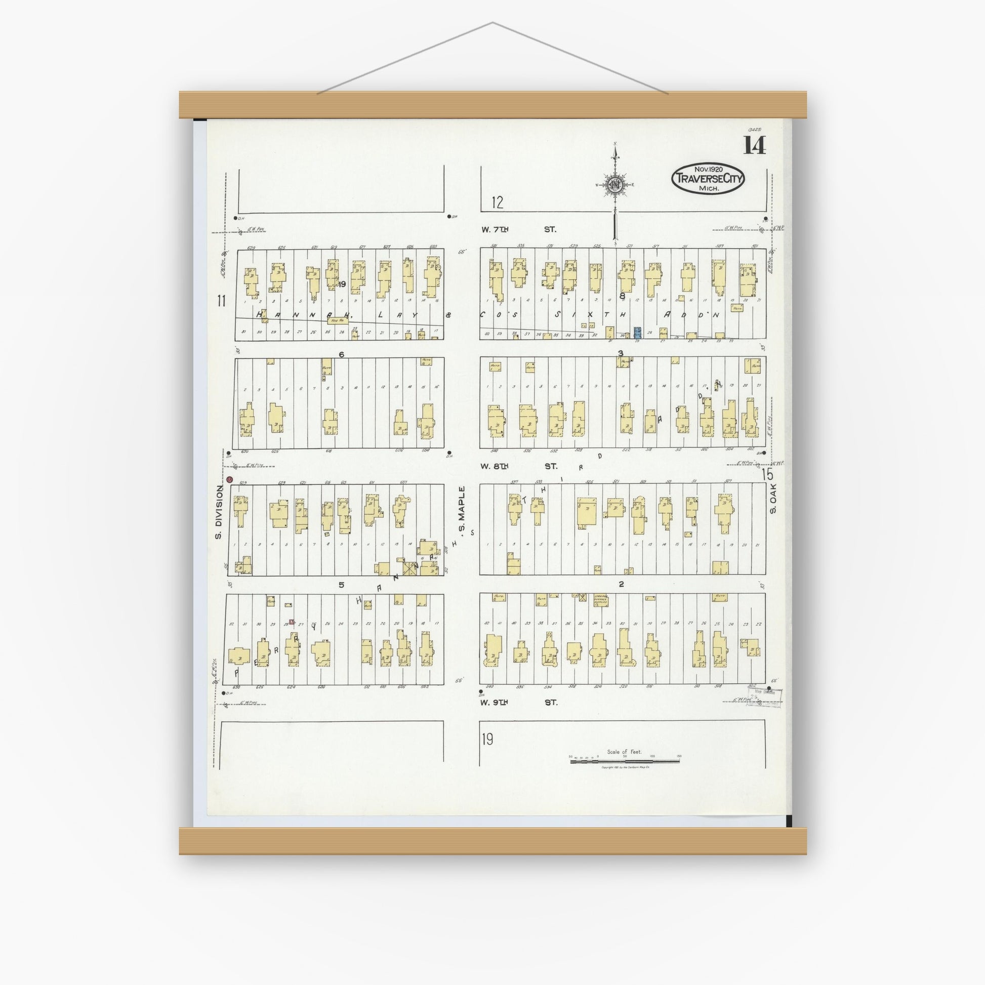 Old map wall art mockup — magnetic wood frame on white wall — Sanborn Fire Insurance Map from Traverse City, Grand Traverse County, Michigan (1920), Sheet #0014