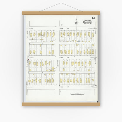 Old map wall art mockup — magnetic wood frame on white wall — Sanborn Fire Insurance Map from Traverse City, Grand Traverse County, Michigan (1920), Sheet #0014