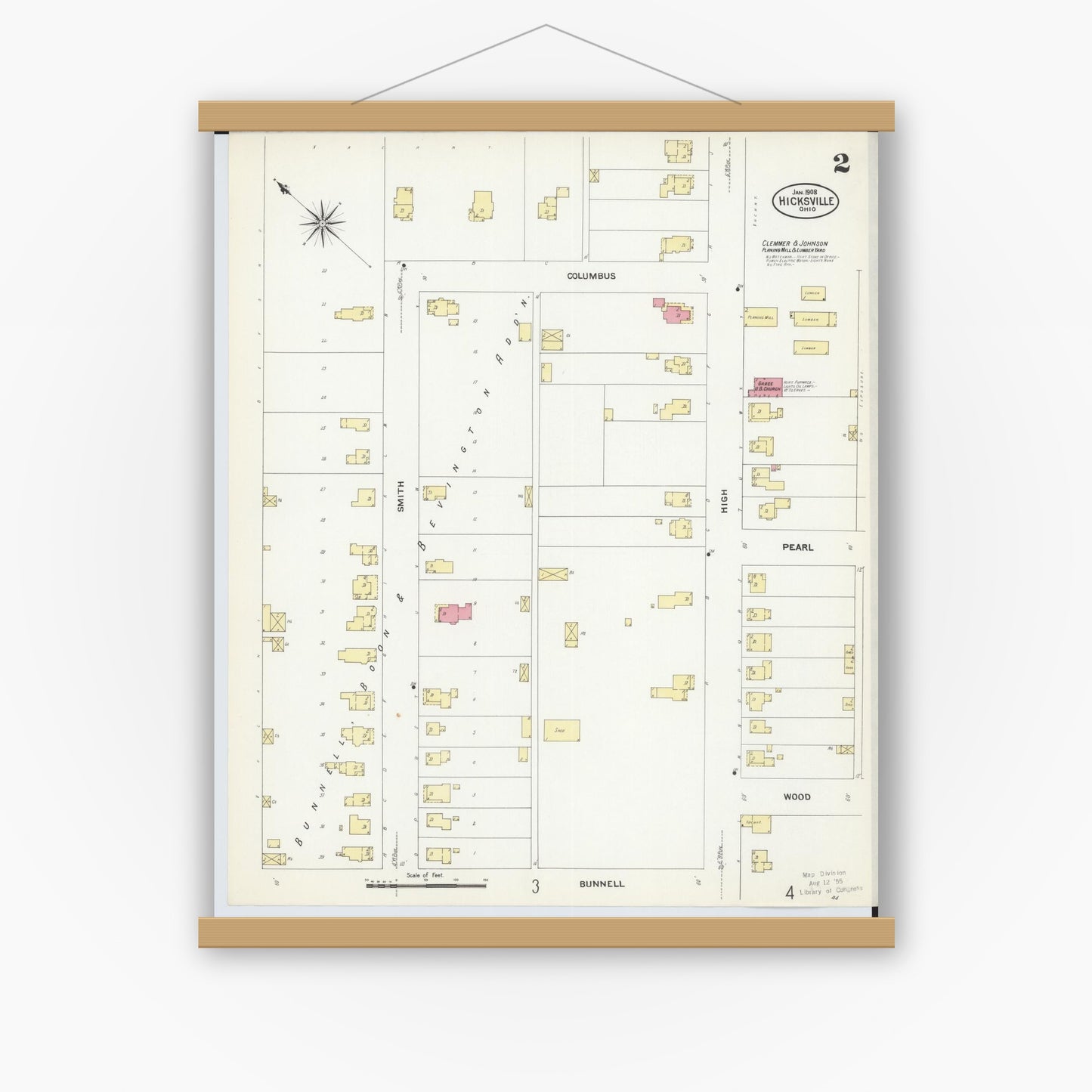 Old map wall art mockup — magnetic wood frame on white wall — Sanborn Fire Insurance Map from Hicksville, Defiance County, Ohio (1908), Sheet #0002