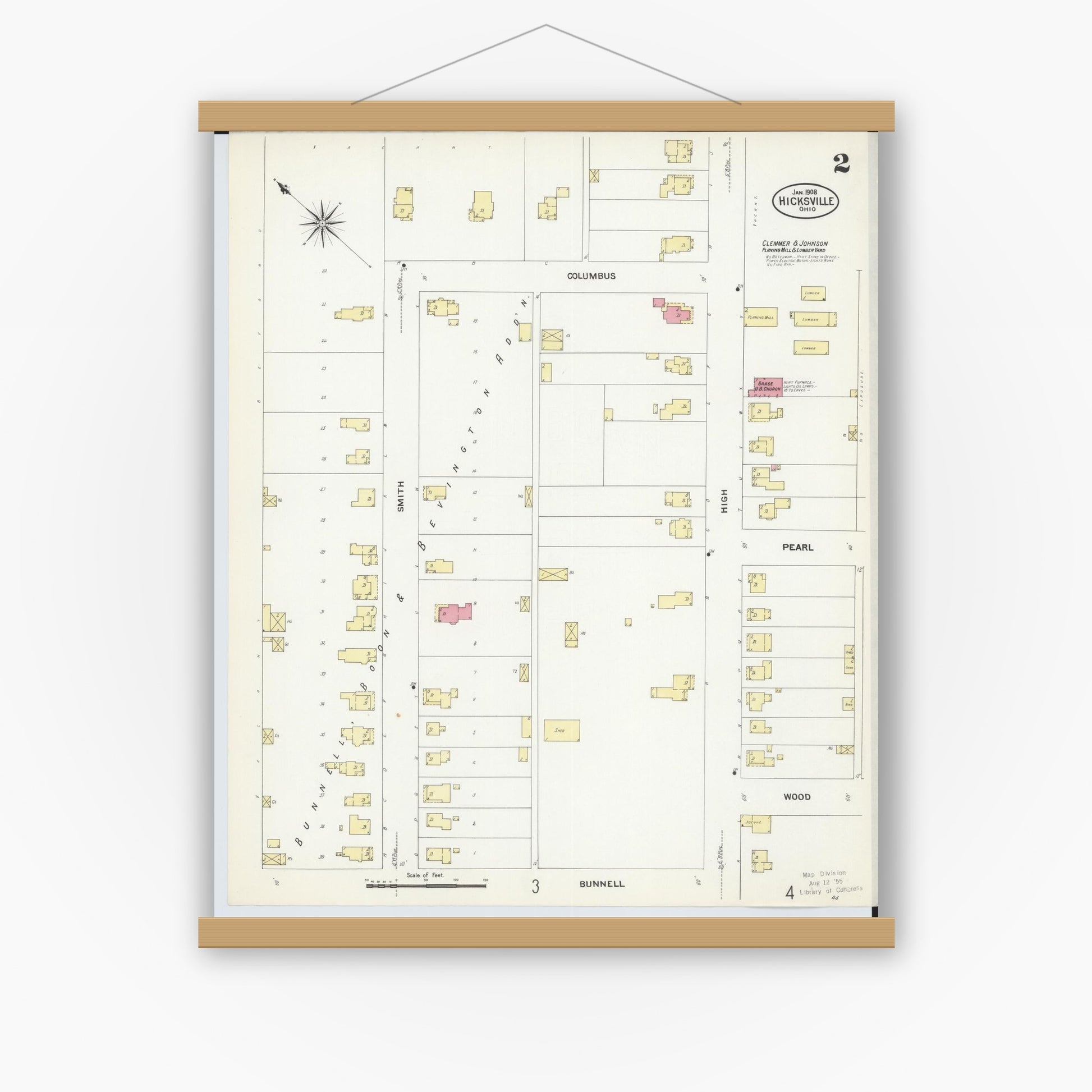 Old map wall art mockup — magnetic wood frame on white wall — Sanborn Fire Insurance Map from Hicksville, Defiance County, Ohio (1908), Sheet #0002