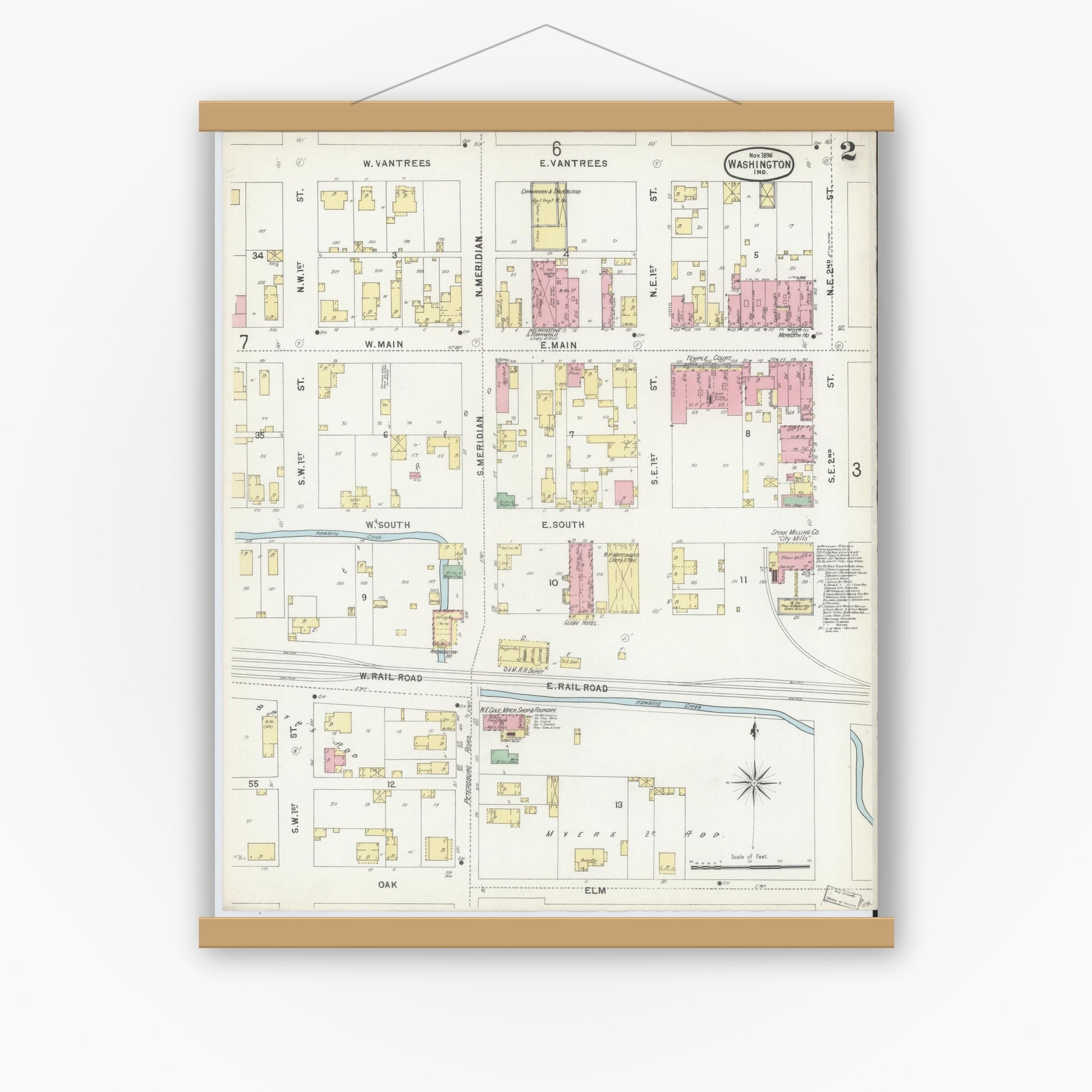 Old map wall art mockup — magnetic wood frame on white wall — Sanborn Fire Insurance Map from Washington, Daviess County, Indiana (1896), Sheet #0002