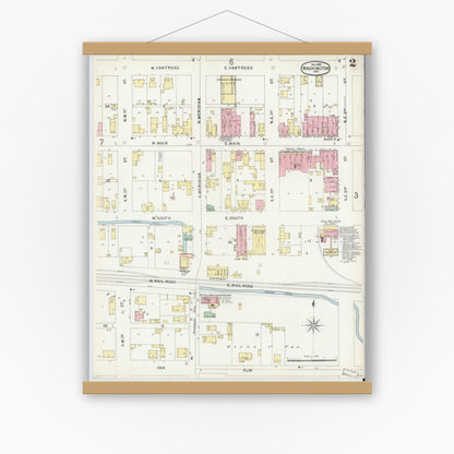 Old map wall art mockup — magnetic wood frame on white wall — Sanborn Fire Insurance Map from Washington, Daviess County, Indiana (1896), Sheet #0002