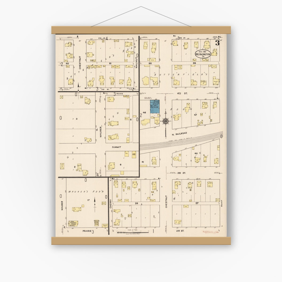Old map wall art mockup — magnetic wood frame on white wall — Sanborn Fire Insurance Map from Wilton Junction, Muscatine County, Iowa (1922), Sheet #0003