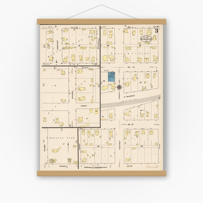 Old map wall art mockup — magnetic wood frame on white wall — Sanborn Fire Insurance Map from Wilton Junction, Muscatine County, Iowa (1922), Sheet #0003