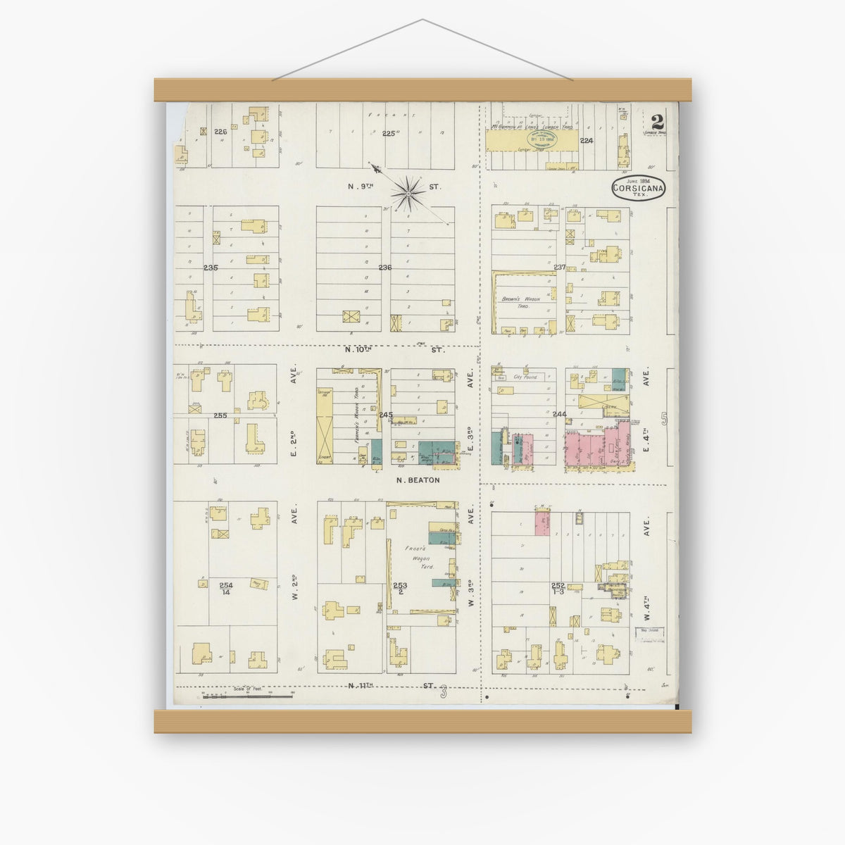 Old map wall art mockup — magnetic wood frame on white wall — Sanborn Fire Insurance Map from Corsicana, Navarro County, Texas (1894), Sheet #0002