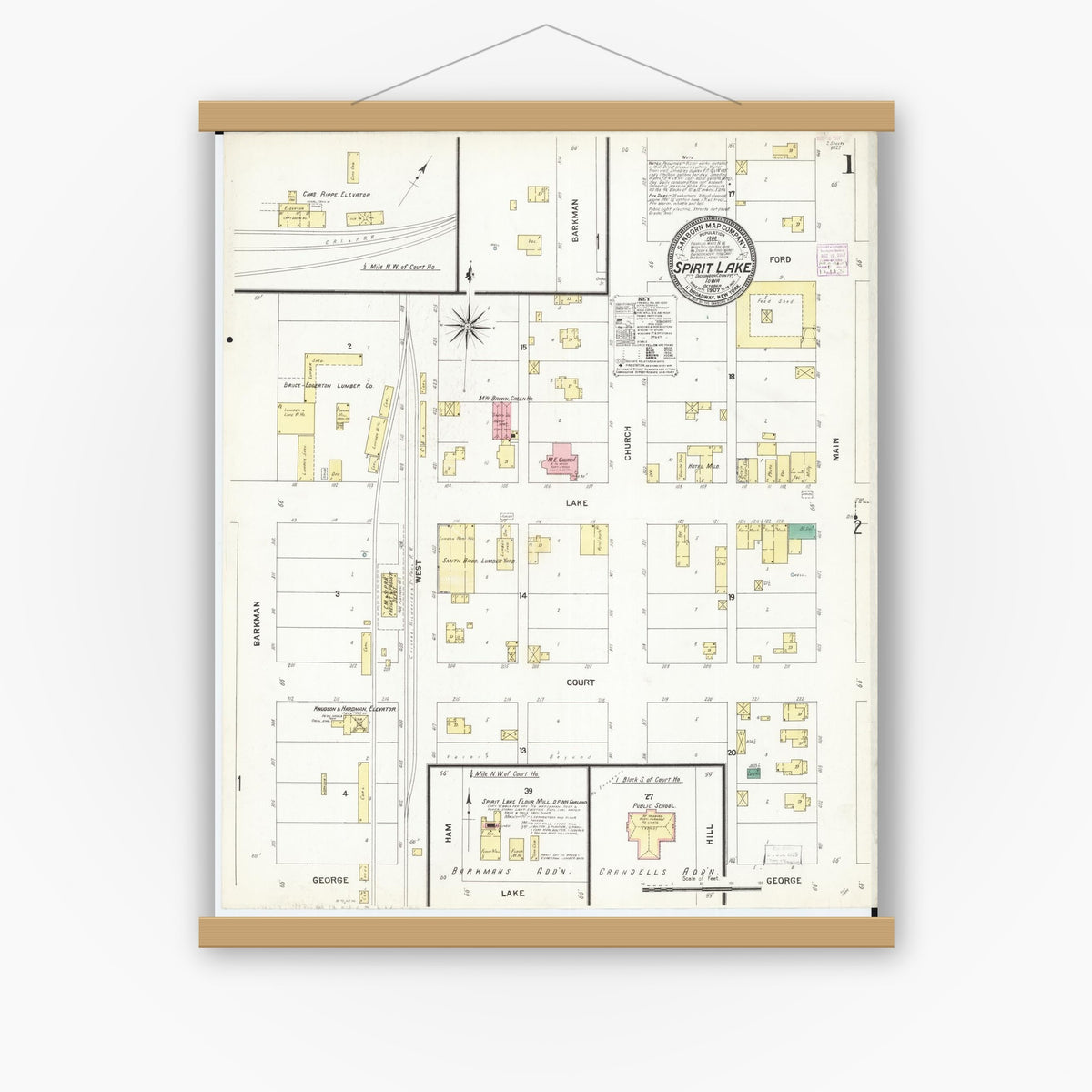 Old map wall art mockup — magnetic wood frame on white wall — Sanborn Fire Insurance Map from Spirit Lake, Dickinson County, Iowa (1907) â€” Complete Set