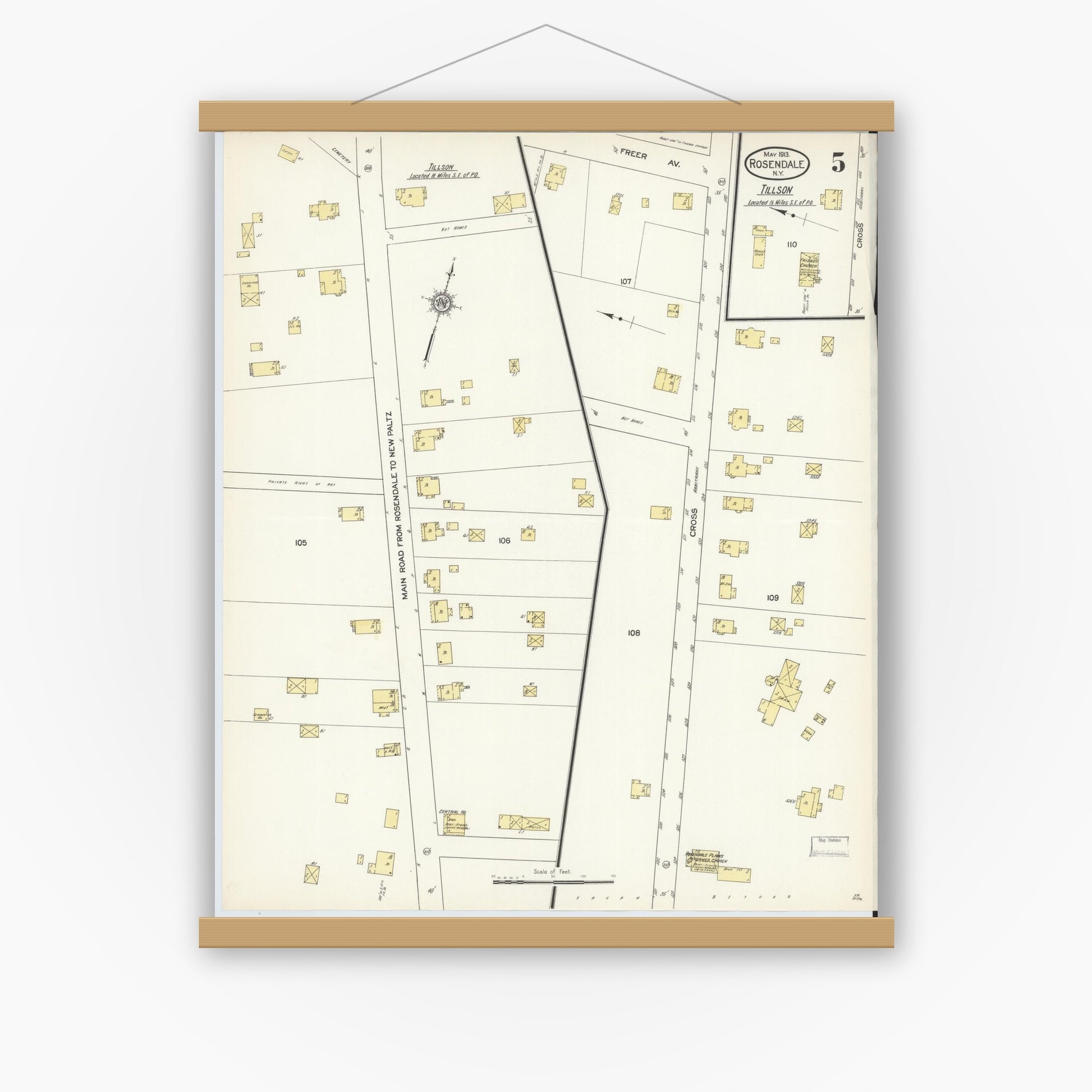 Old map wall art mockup — magnetic wood frame on white wall — Sanborn Fire Insurance Map from Rosendale, Ulster County, New York (1913), Sheet #0005