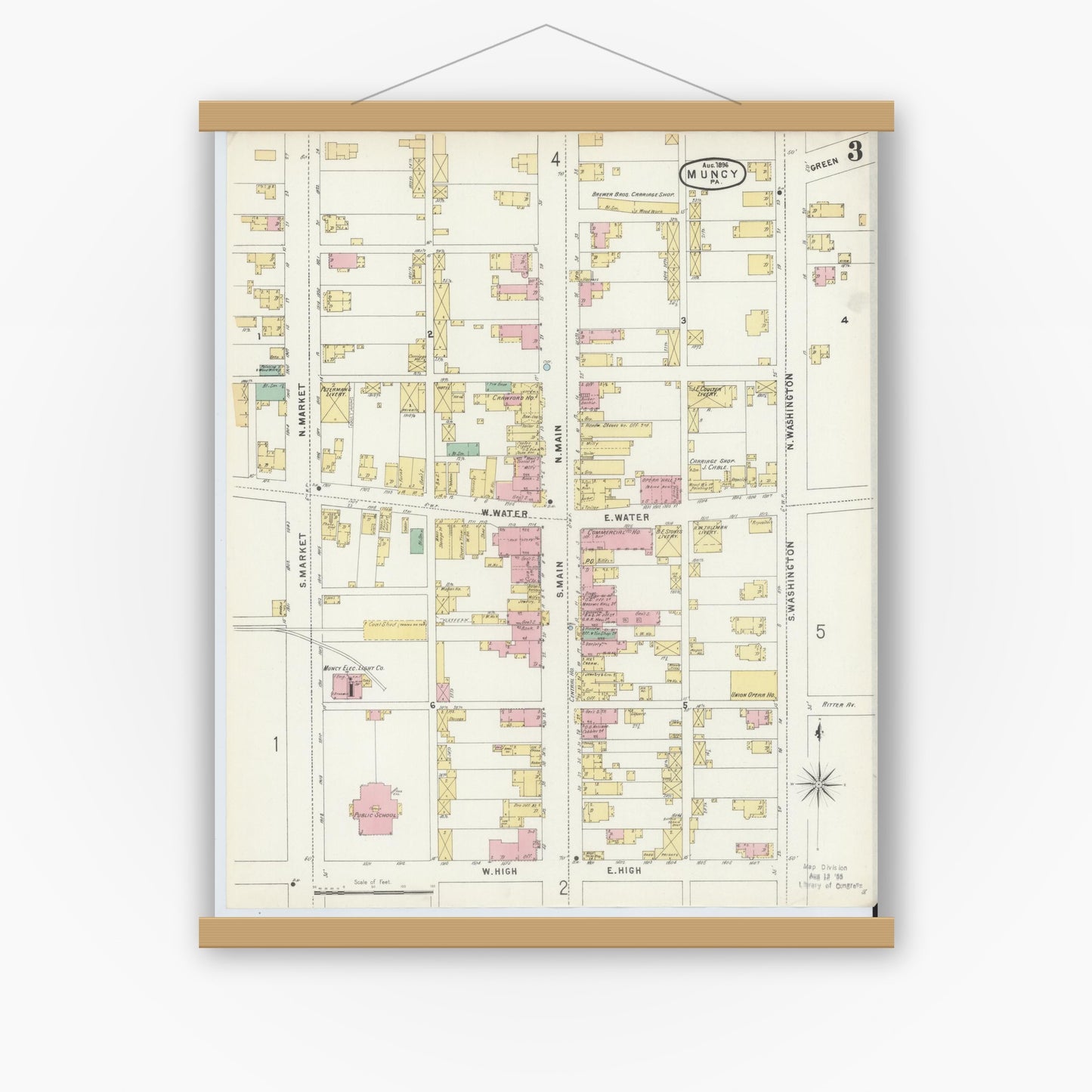 Old map wall art mockup — magnetic wood frame on white wall — Sanborn Fire Insurance Map from Muncy, Lycoming County, Pennsylvania (1896), Sheet #0003