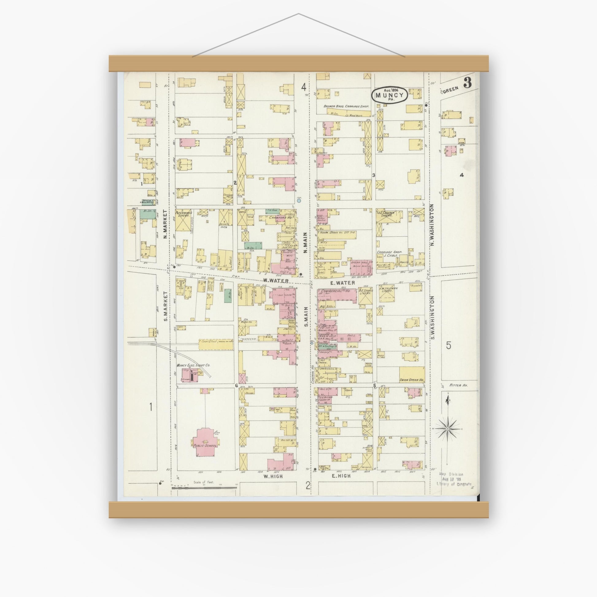 Old map wall art mockup — magnetic wood frame on white wall — Sanborn Fire Insurance Map from Muncy, Lycoming County, Pennsylvania (1896), Sheet #0003
