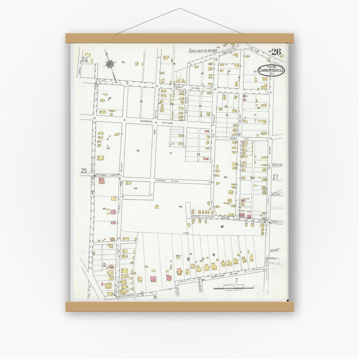Old map wall art mockup — magnetic wood frame on white wall — Sanborn Fire Insurance Map from Charlottesville, Independent Cities, Virginia (1920), Sheet #0026