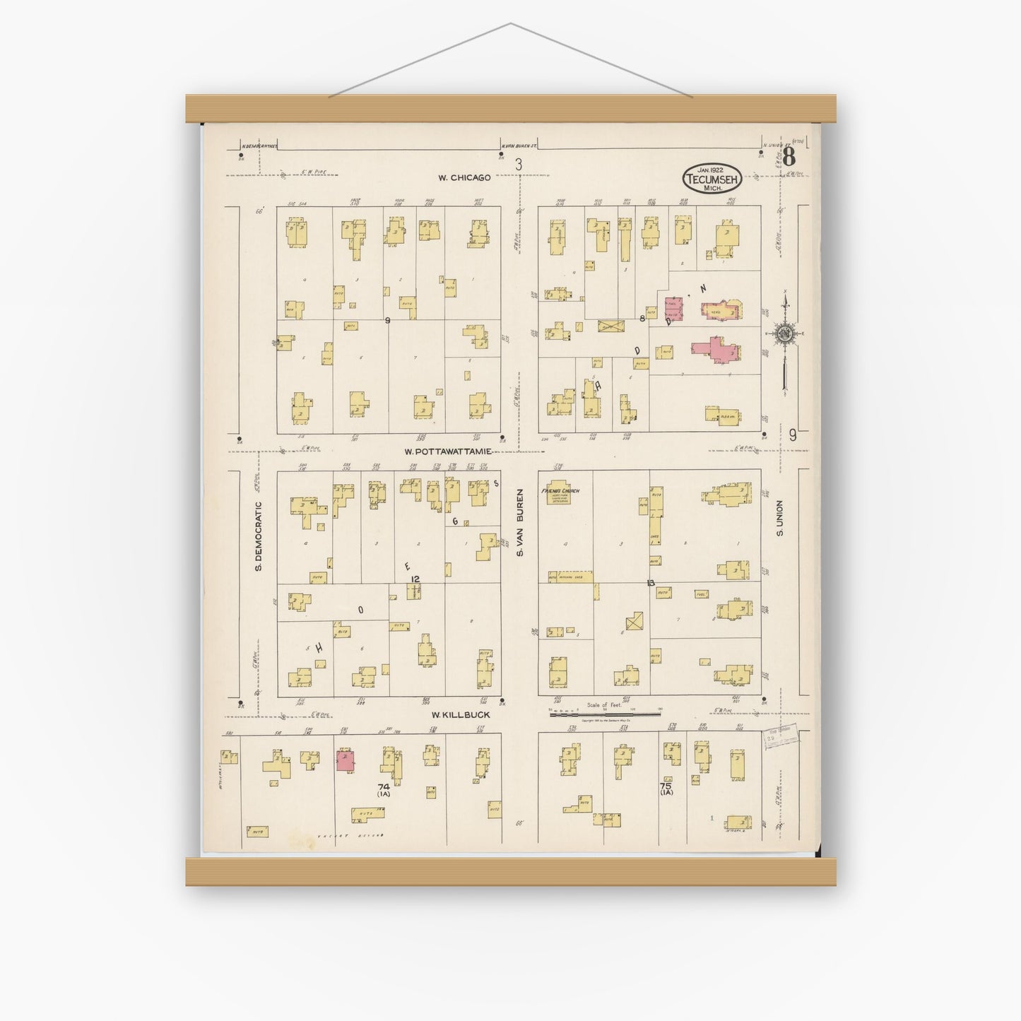 Old map wall art mockup — magnetic wood frame on white wall — Sanborn Fire Insurance Map from Tecumseh, Lenawee County, Michigan (1922), Sheet #0008
