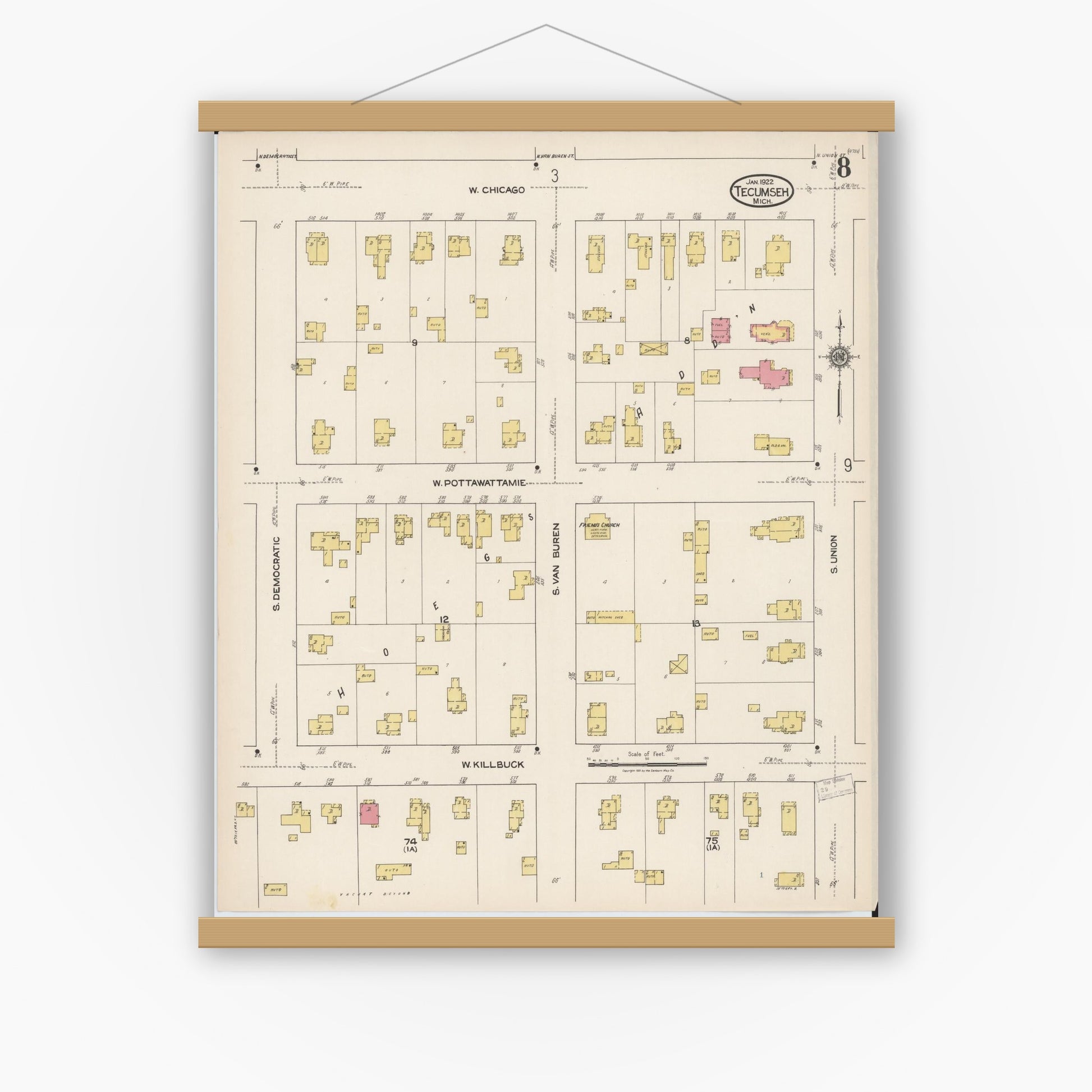 Old map wall art mockup — magnetic wood frame on white wall — Sanborn Fire Insurance Map from Tecumseh, Lenawee County, Michigan (1922), Sheet #0008