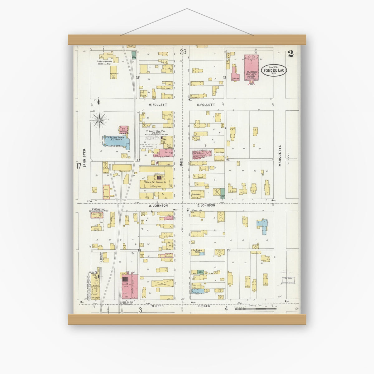 Old map wall art mockup — magnetic wood frame on white wall — Sanborn Fire Insurance Map from Fond du Lac, Fond du Lac County, Wisconsin (1898), Sheet #0002