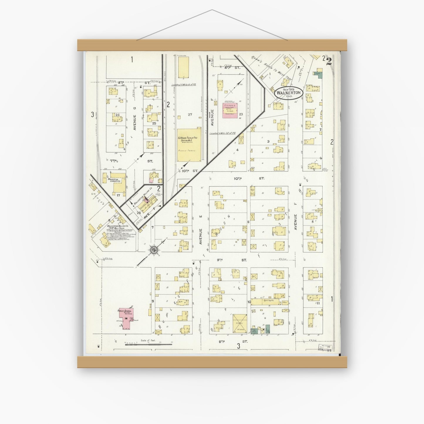 Old map wall art mockup — magnetic wood frame on white wall — Sanborn Fire Insurance Map from Walkerton, Saint Joseph County, Indiana (1909), Sheet #0002