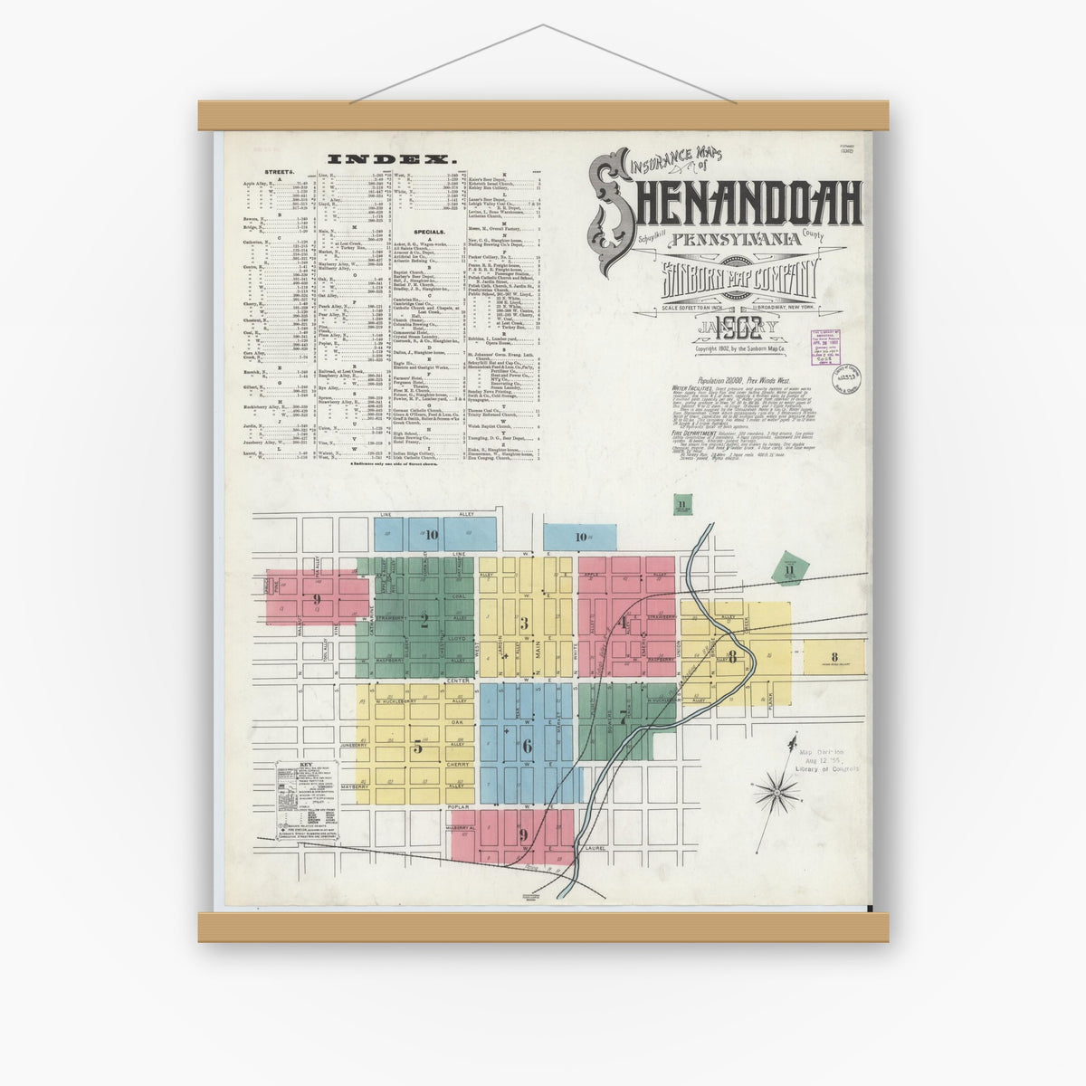 Old map wall art mockup — magnetic wood frame on white wall — Sanborn Fire Insurance Map from Shenandoah, Schuylkill County, Pennsylvania (1902), Sheet #0001