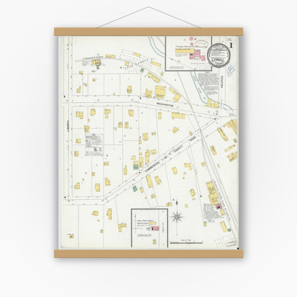 Old map wall art mockup — magnetic wood frame on white wall — Sanborn Fire Insurance Map from Lowell, Lake County, Indiana (1899) - Complete Map Set