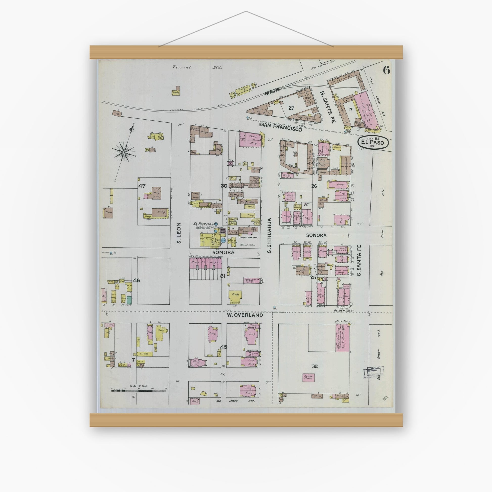 Old map wall art mockup — magnetic wood frame on white wall — Sanborn Fire Insurance Map from El Paso, El Paso County, Texas (1888), Sheet #0006