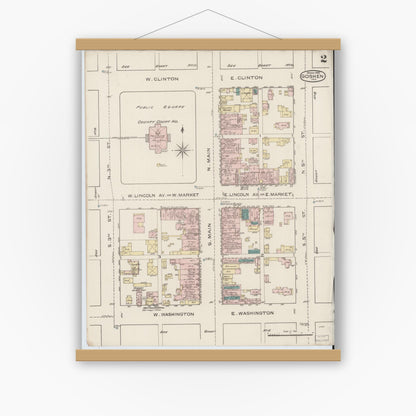 Old map wall art mockup — magnetic wood frame on white wall — Sanborn Fire Insurance Map from Goshen, Elkhart County, Indiana (1886), Sheet #0002