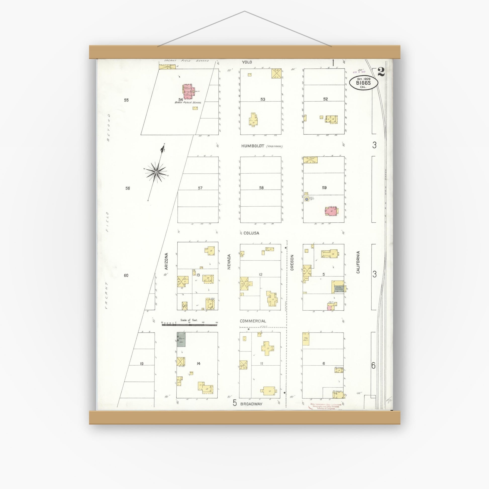 Old map wall art mockup — magnetic wood frame on white wall — Sanborn Fire Insurance Map from Biggs, Butte County, California (1909), Sheet #0002