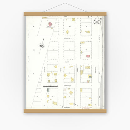 Old map wall art mockup — magnetic wood frame on white wall — Sanborn Fire Insurance Map from Biggs, Butte County, California (1909), Sheet #0002