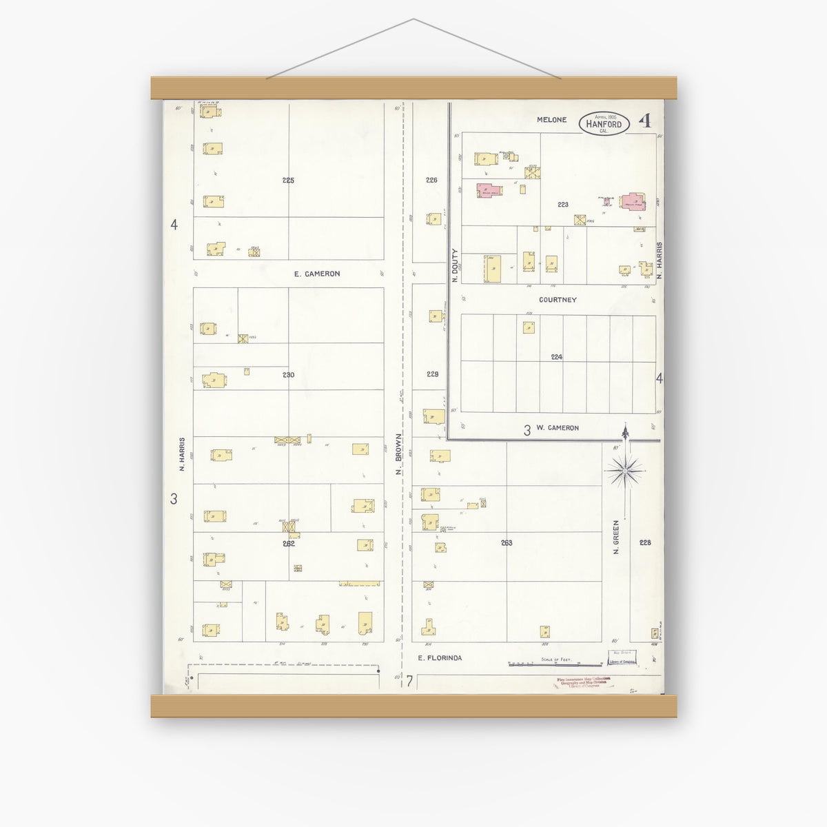 Old map wall art mockup — magnetic wood frame on white wall — Sanborn Fire Insurance Map from Hanford, Kings County, California (1905), Sheet #0004