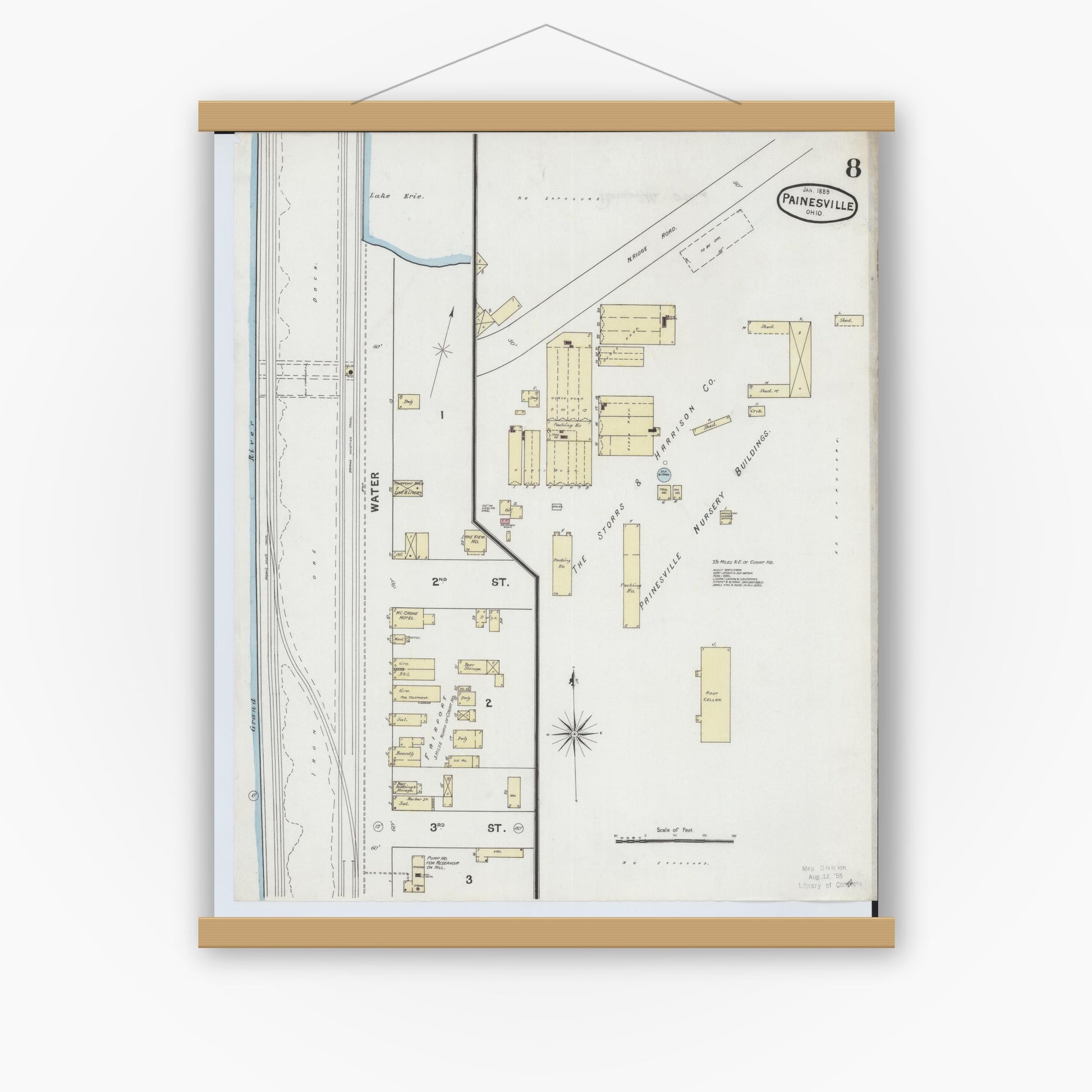 Old map wall art mockup — magnetic wood frame on white wall — Sanborn Fire Insurance Map from Painesville, Lake County, Ohio (1889), Sheet #0008