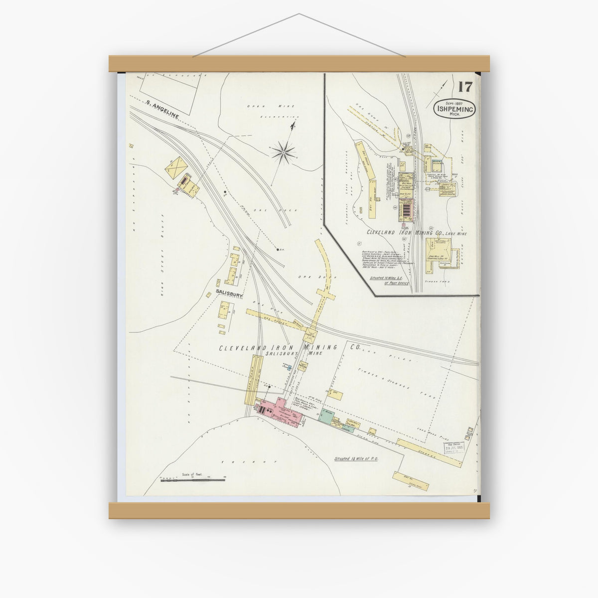 Old map wall art mockup — magnetic wood frame on white wall — Sanborn Fire Insurance Map from Ishpeming, Marquette County, Michigan (1897), Sheet #0017