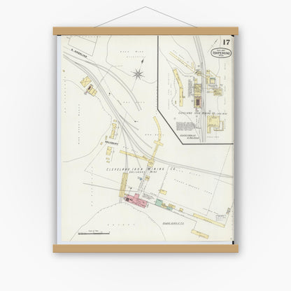 Old map wall art mockup — magnetic wood frame on white wall — Sanborn Fire Insurance Map from Ishpeming, Marquette County, Michigan (1897), Sheet #0017