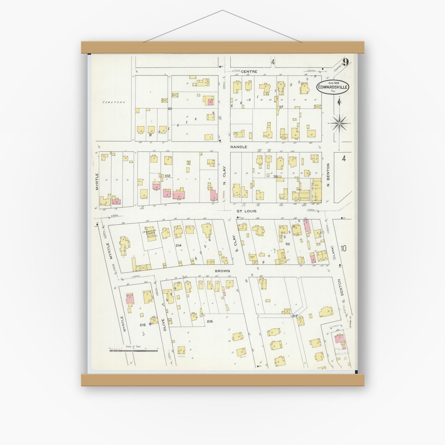 Old map wall art mockup — magnetic wood frame on white wall — Sanborn Fire Insurance Map from Edwardsville, Madison County, Illinois (1909), Sheet #0009