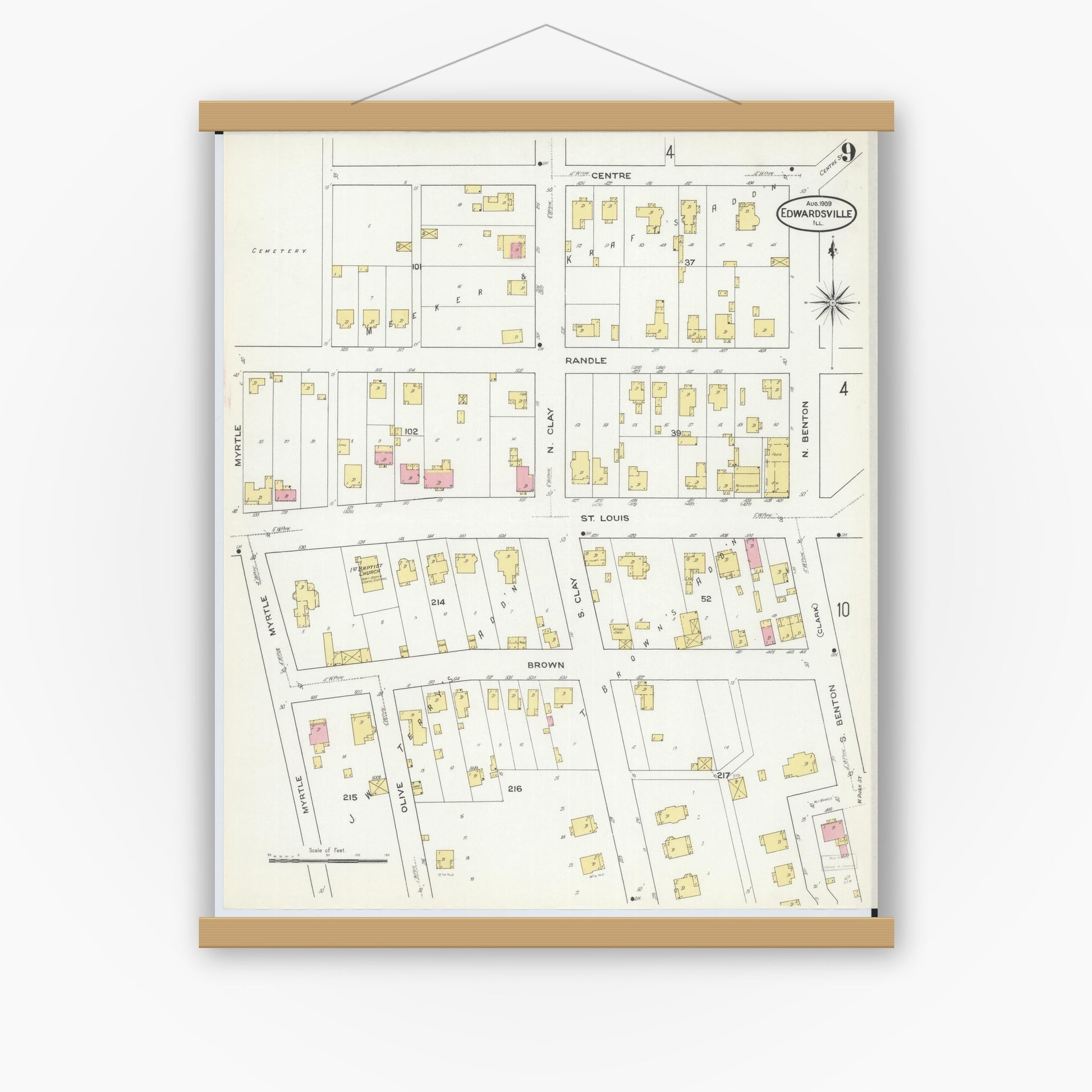 Old map wall art mockup — magnetic wood frame on white wall — Sanborn Fire Insurance Map from Edwardsville, Madison County, Illinois (1909), Sheet #0009
