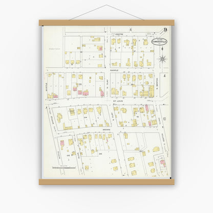 Old map wall art mockup — magnetic wood frame on white wall — Sanborn Fire Insurance Map from Edwardsville, Madison County, Illinois (1909), Sheet #0009
