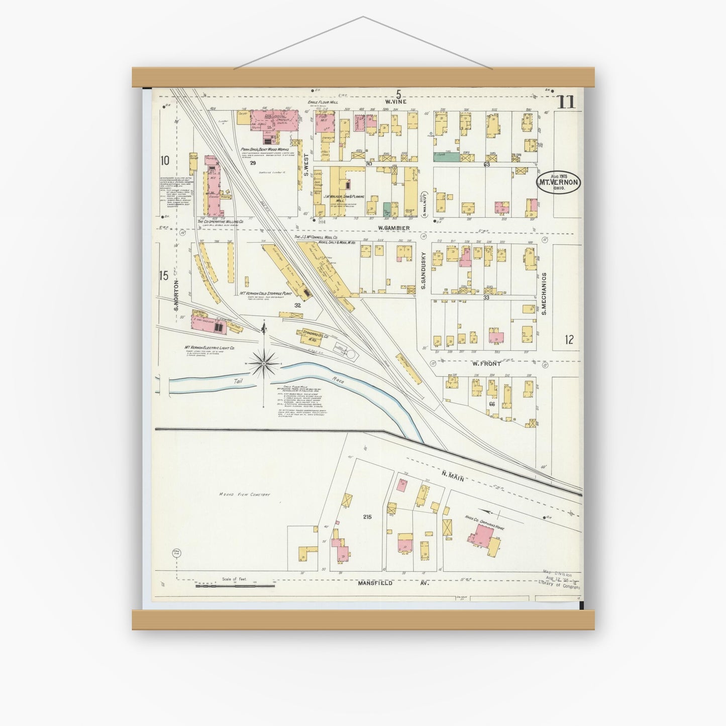 Old map wall art mockup — magnetic wood frame on white wall — Sanborn Fire Insurance Map from Mount Vernon, Knox County, Ohio (1903), Sheet #0011