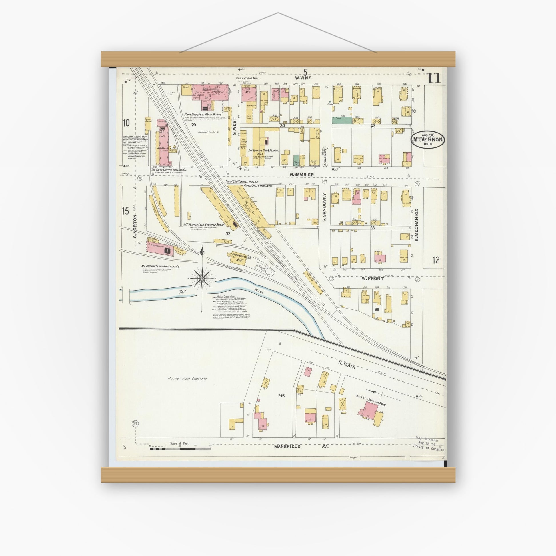 Old map wall art mockup — magnetic wood frame on white wall — Sanborn Fire Insurance Map from Mount Vernon, Knox County, Ohio (1903), Sheet #0011