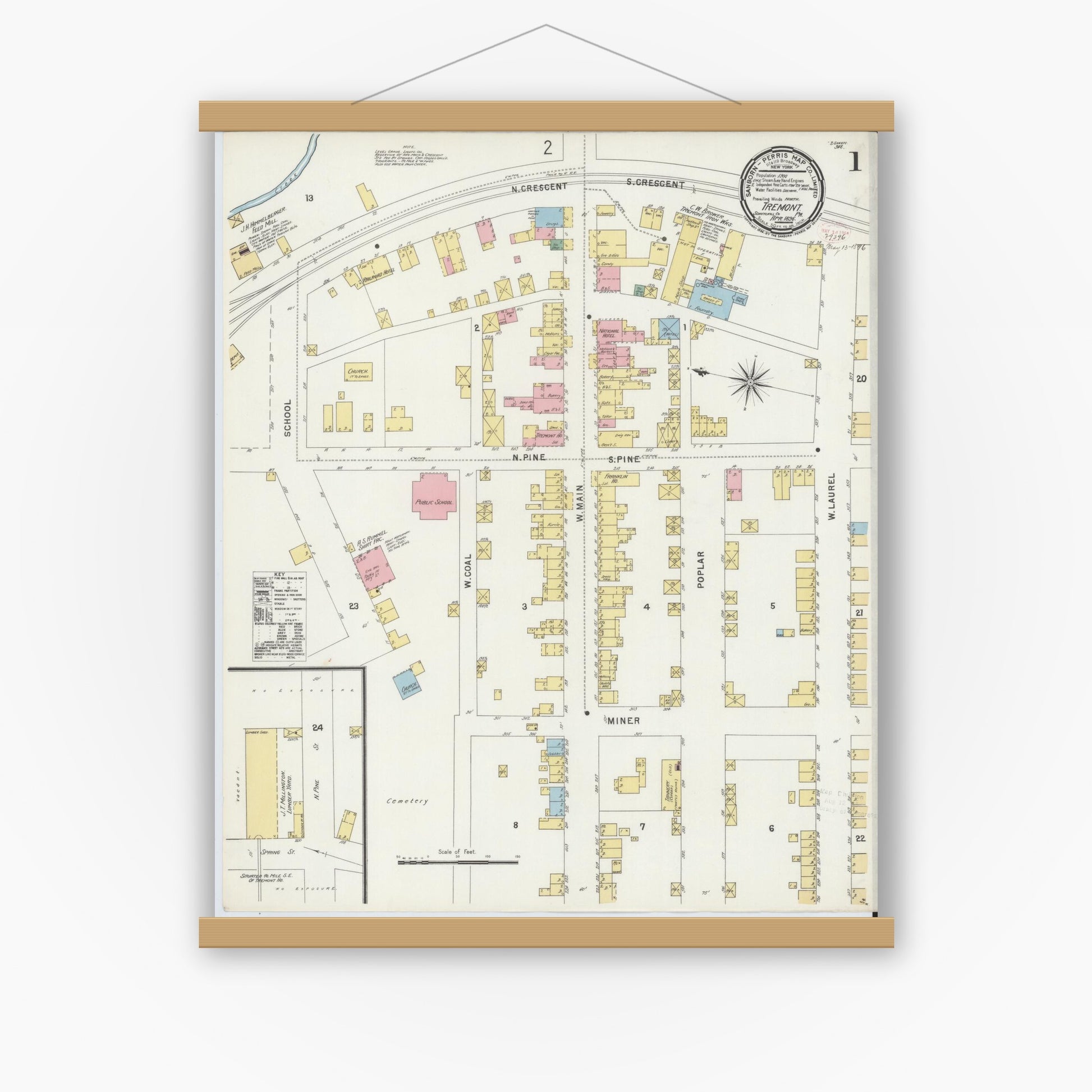 Old map wall art mockup — magnetic wood frame on white wall — Sanborn Fire Insurance Map from Tremont, Schuylkill County, Pennsylvania (1896) - Complete Map Set