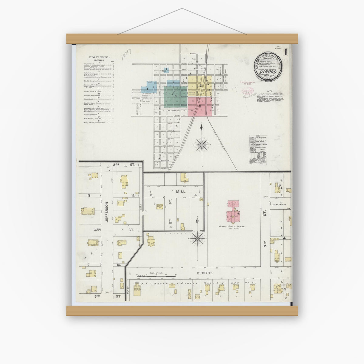 Old map wall art mockup — magnetic wood frame on white wall — Sanborn Fire Insurance Map from Girard, Macoupin County, Illinois (1894), Sheet #0001