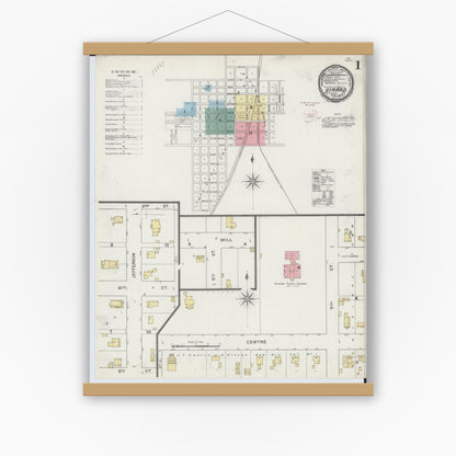 Old map wall art mockup — magnetic wood frame on white wall — Sanborn Fire Insurance Map from Girard, Macoupin County, Illinois (1894), Sheet #0001