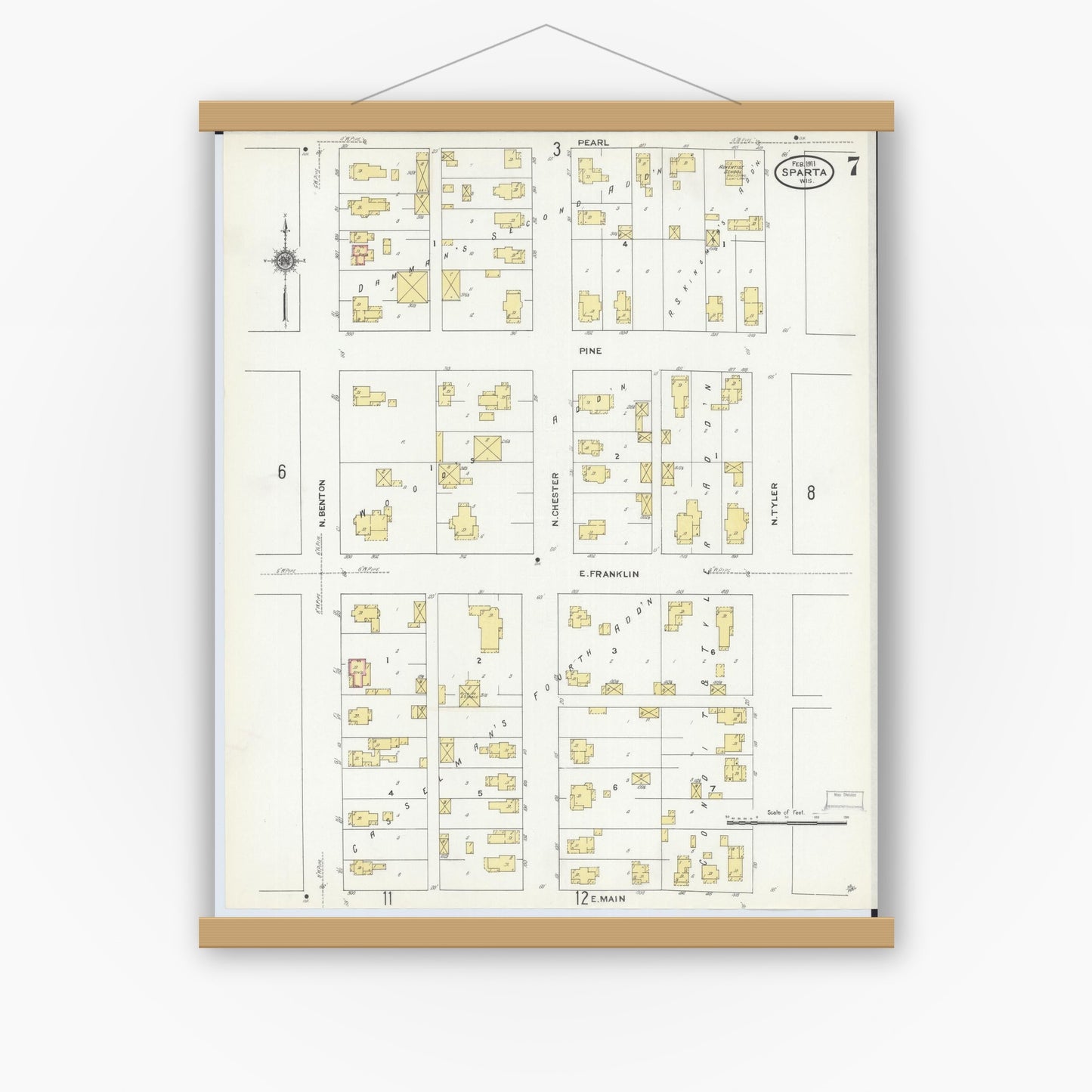 Old map wall art mockup — magnetic wood frame on white wall — Sanborn Fire Insurance Map from Sparta, Monroe County, Wisconsin (1911), Sheet #0007