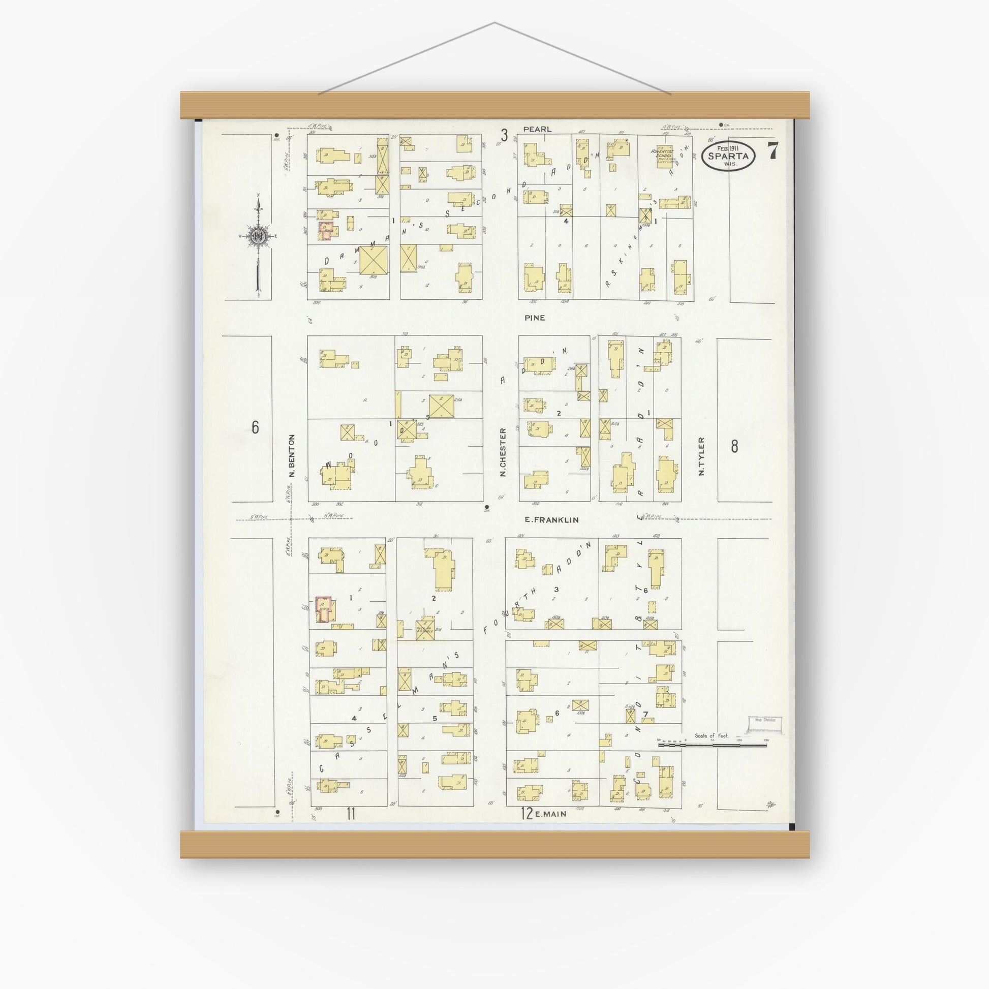 Old map wall art mockup — magnetic wood frame on white wall — Sanborn Fire Insurance Map from Sparta, Monroe County, Wisconsin (1911), Sheet #0007