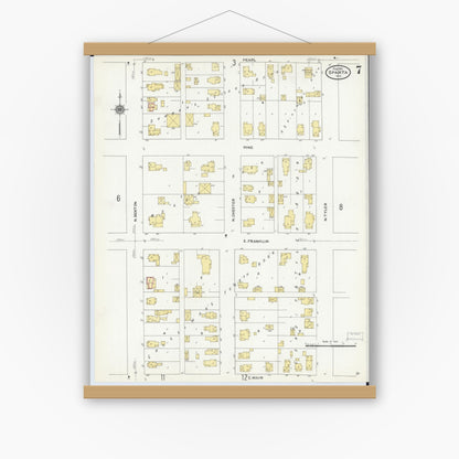 Old map wall art mockup — magnetic wood frame on white wall — Sanborn Fire Insurance Map from Sparta, Monroe County, Wisconsin (1911), Sheet #0007