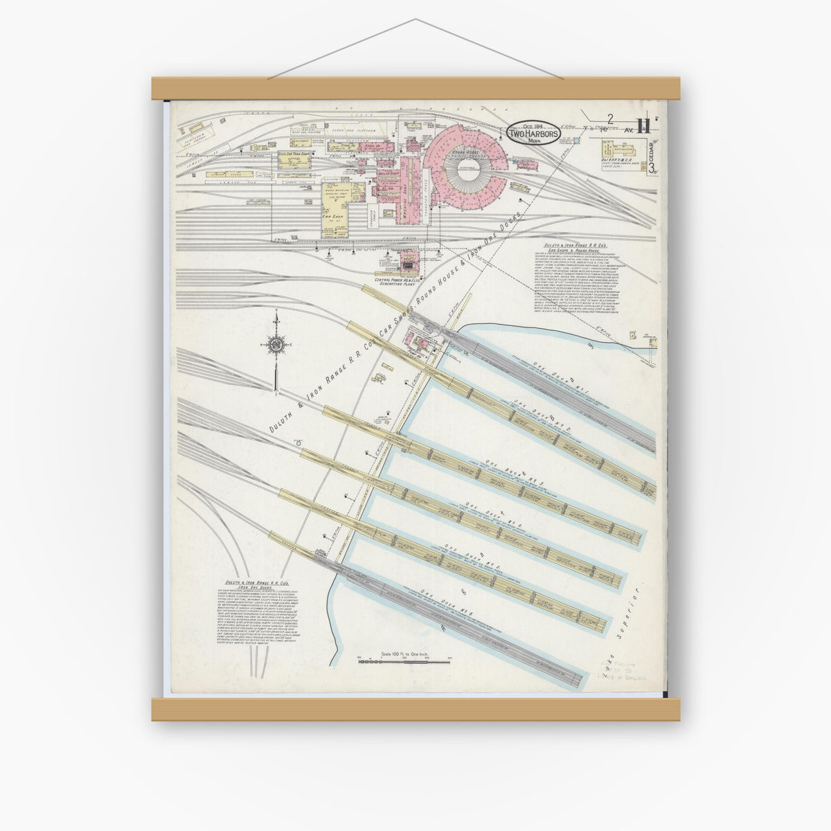 Old map wall art mockup — magnetic wood frame on white wall — Sanborn Fire Insurance Map from Two Harbors, Lake County, Minnesota (1914), Sheet #0011