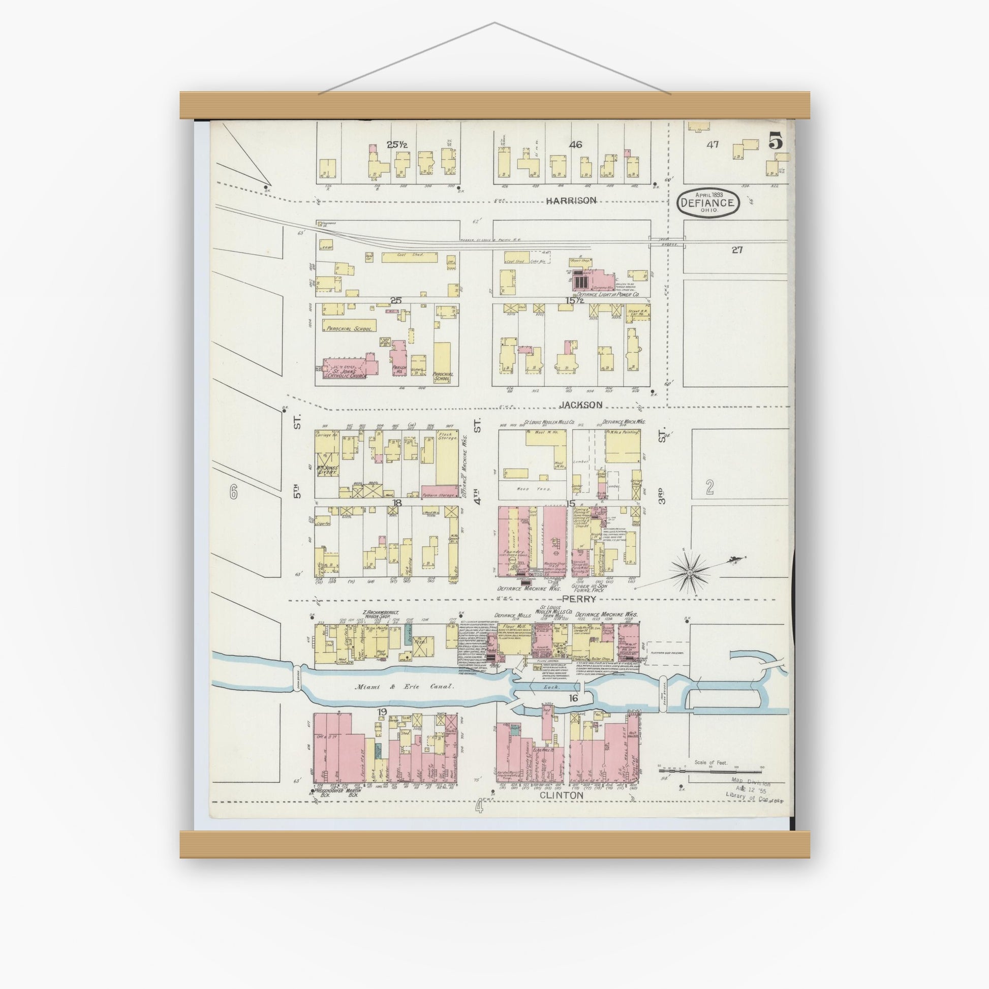 Old map wall art mockup — magnetic wood frame on white wall — Sanborn Fire Insurance Map from Defiance, Defiance County, Ohio (1893), Sheet #0005