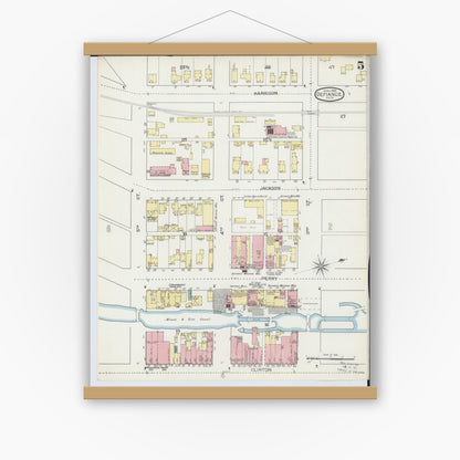 Old map wall art mockup — magnetic wood frame on white wall — Sanborn Fire Insurance Map from Defiance, Defiance County, Ohio (1893), Sheet #0005