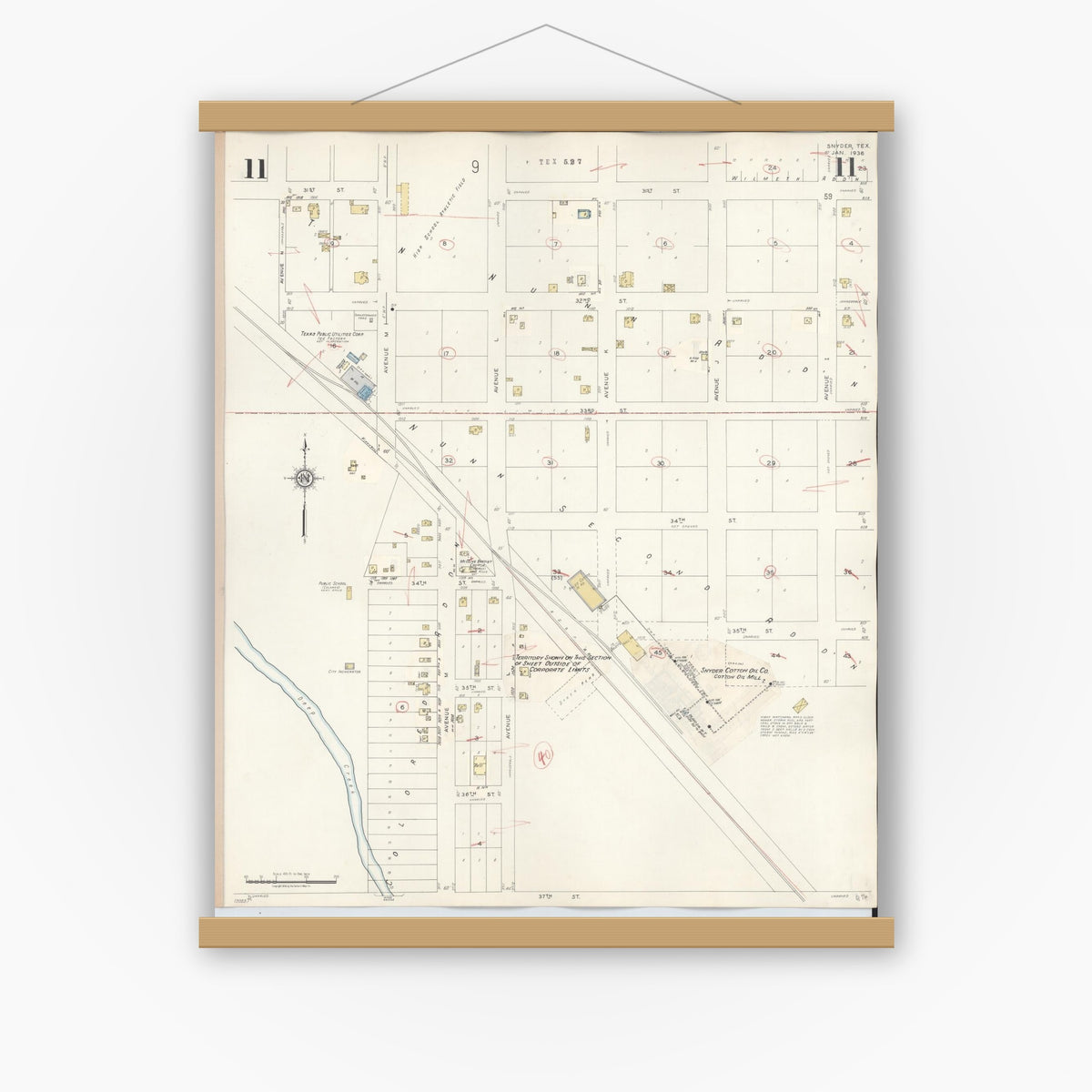Old map wall art mockup — magnetic wood frame on white wall — Sanborn Fire Insurance Map from Snyder, Scurry County, Texas (1942), Sheet #0011