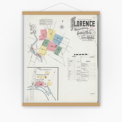Old map wall art mockup — magnetic wood frame on white wall — Sanborn Fire Insurance Map from Florence, Hampshire County, Massachusetts (1895), Sheet #0001