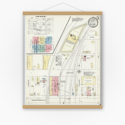 Old map wall art mockup — magnetic wood frame on white wall — Sanborn Fire Insurance Map from Hillsboro, Hill County, Texas (1896), Sheet #0001